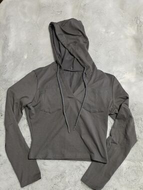 Women’s Gray Hooded Pullover Top - Casual V-Neck Sweatshirt